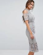 True Decadence Premium Cutwork Lace Cold Shoulder Maxi Dress - Gray