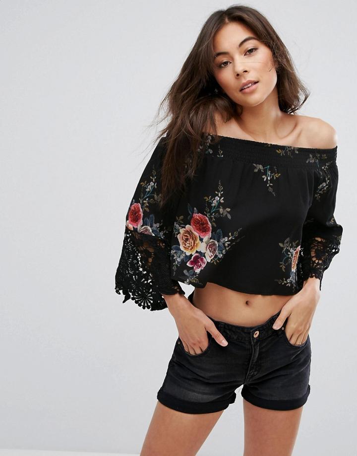 Parisian Off Shoulder Crochet Detail Floral Top - Black