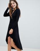 Asos Design Button Through Midi Dress With Dip Hem-black
