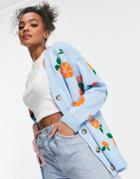 Asos Design Cardigan With Fruit Pattern In Blue-blues