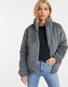 New Look Faux Fur Cord Puffer Jacket In Gray