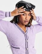Violet Romance Fluffy Knit Cardigan With Contrast Piping And Crystal Buttons In Purple
