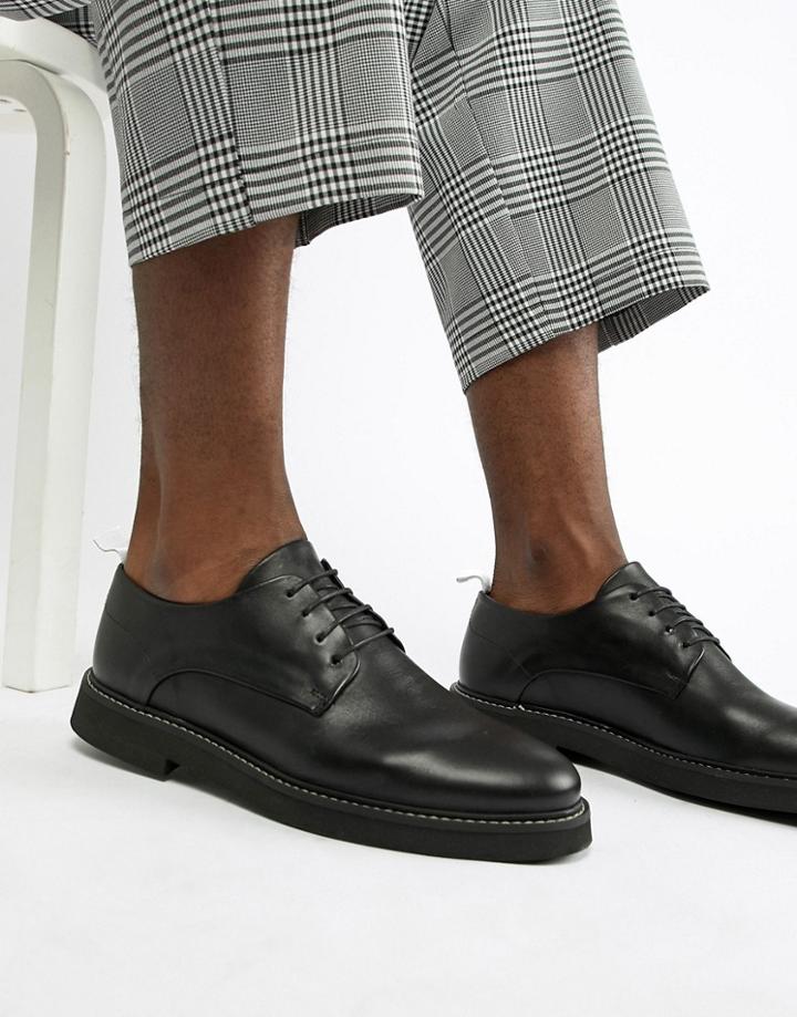 Asos Design Lace Up Shoes In Black Leather With Chunky Sole