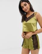 Wolf & Whistle Lace Trim Crop And Short Pyjama Set In Chartreuse - Purple