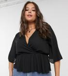 Flounce London Plus Basic Plunge Peplum Top With Sleeve In Black