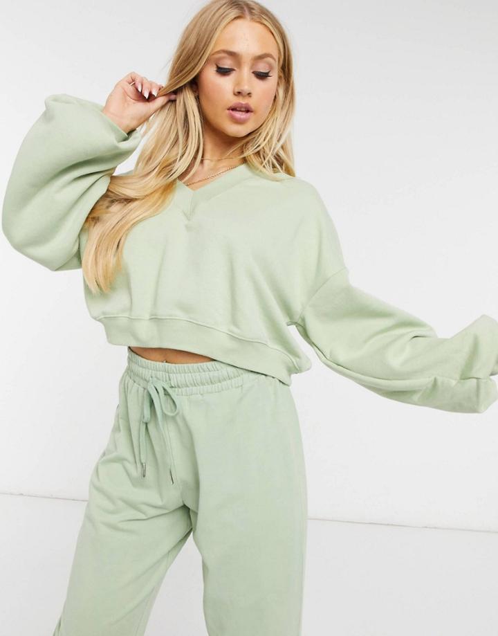 Monki Stella Organic Cotton V Neck Sweatshirt In Dusty Green