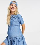 Asos Design Shirred Mini Tiered Smock Dress In Blue Gingham-multi