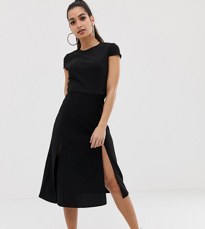 Asos Design Petite High Split Skater Midi Dress-black