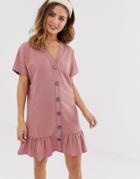 Asos Design Button Through Slubby Mini Dress With Pep Hem-pink
