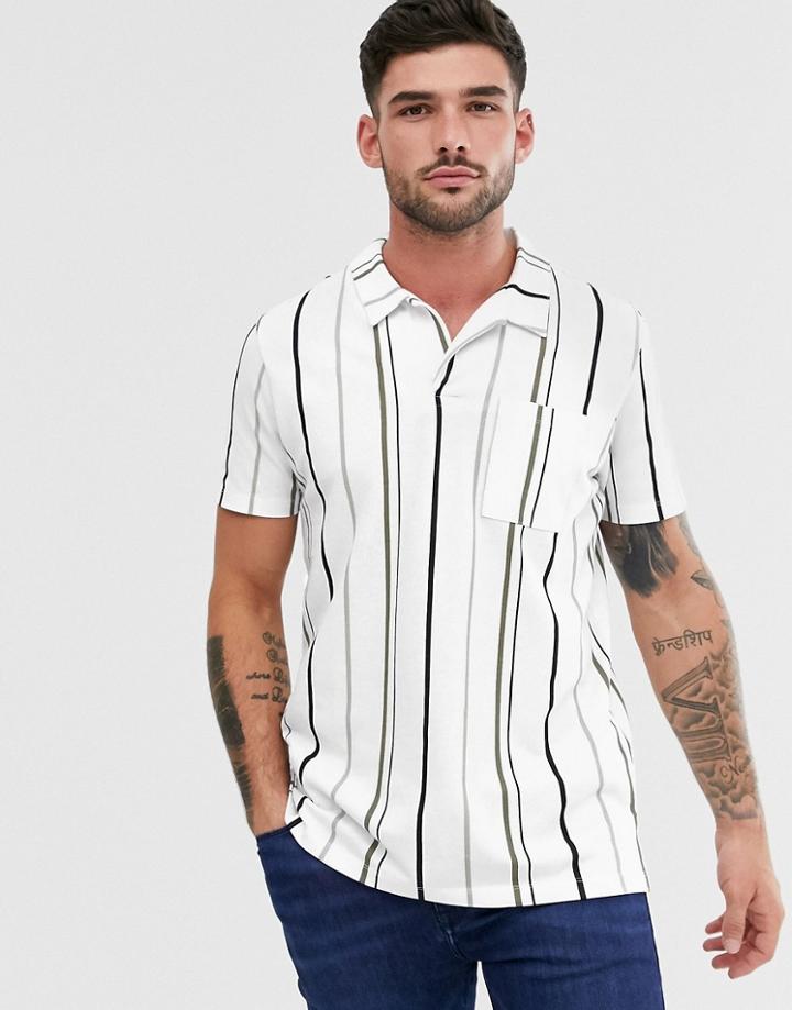 Jack & Jones Originals Stripe Polo With Revere Collar In White - White