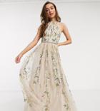 Asos Design Petite Halterneck Pretty Embroidered Floral And Sequin Mesh Maxi Dress In Soft Beige-multi
