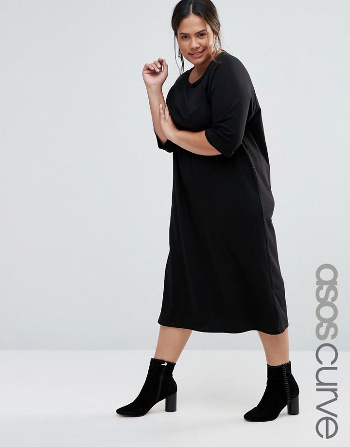 Asos Curve Cotton Midi T-shirt Dress With Raglan Sleeve And Boat Neck - Black