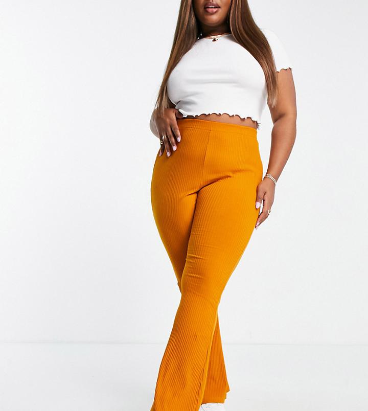 Asos Design Curve Ribbed Kick Flare Pants In Mustard Orange