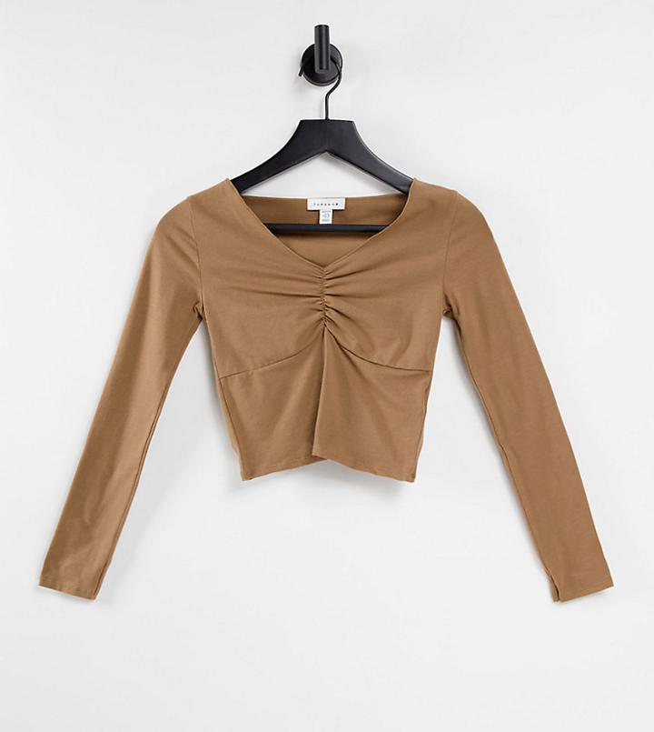 Topshop Petite Ruched Front Long Sleeve Top In Camel-brown