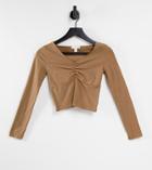 Topshop Petite Ruched Front Long Sleeve Top In Camel-brown