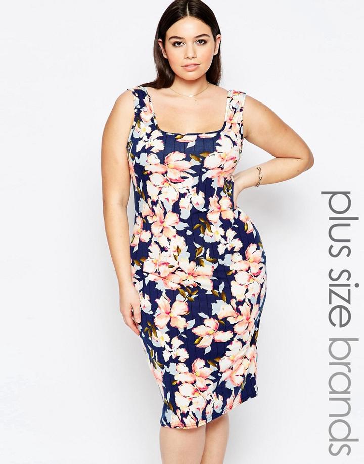 Club L Plus Midi Dress With Square Neckline In Floral Stripe Print - Navy Floral Print 1