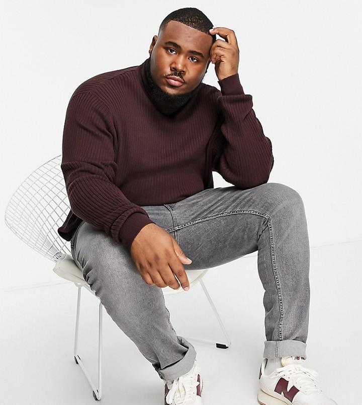 Threadbare Plus Cotton Ribbed Roll Neck Sweater In Midnight Brown