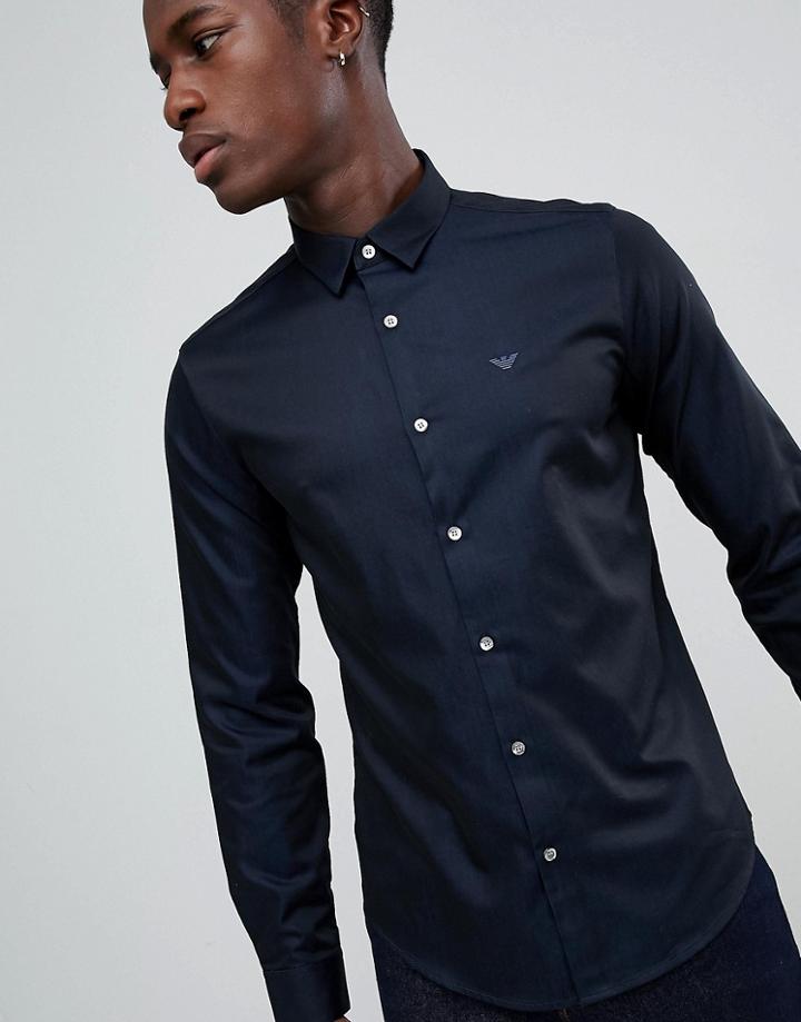 Emporio Armani Slim Fit Two Tone Sateen Shirt In Navy - Navy
