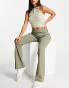 Asos Design Noughties Low Riding Belted Kickflare Pant In Khaki-green