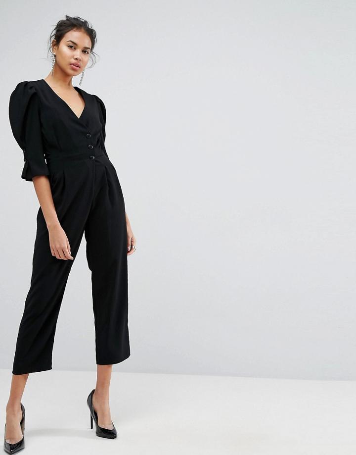 Asos Tea Jumpsuit With Button Sleeve And Peg Leg - Black