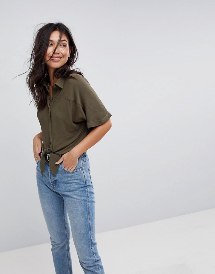 Asos Tie Front Shirt In Crinkle - Green