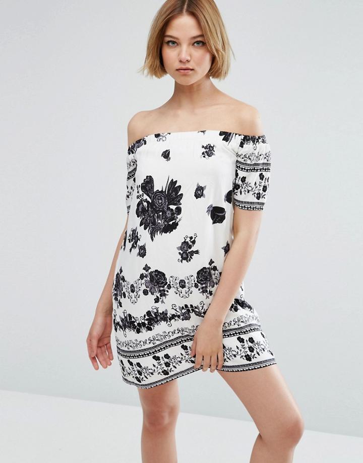 Parisian Border Print Off Shoulder Dress - White