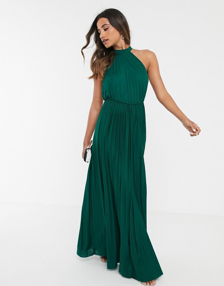 Asos Design Halter Pleated Waist Maxi Dress In Forest Green