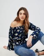 Brave Soul Ashley Off Shoulder Blouse In Floral Print-navy
