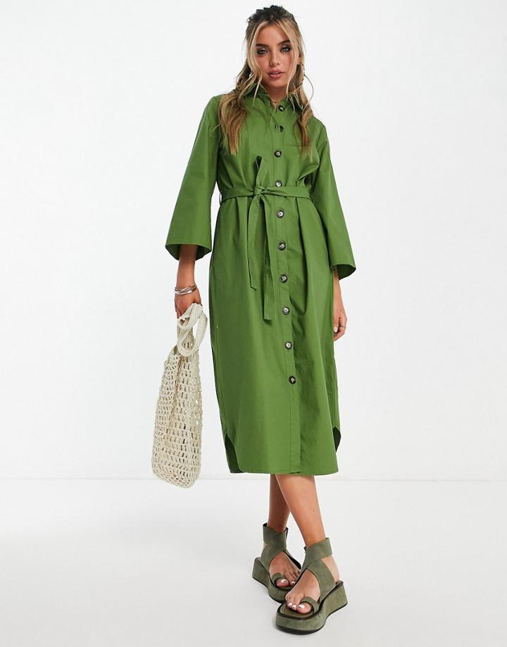 Object Tie Waist Midi Shirt Dress With Oversized Sleeves In Green