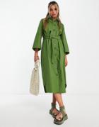Object Tie Waist Midi Shirt Dress With Oversized Sleeves In Green