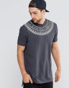 Asos Super Longline T-shirt With Neck Print And Side Splits And Dropped Hem - Gray