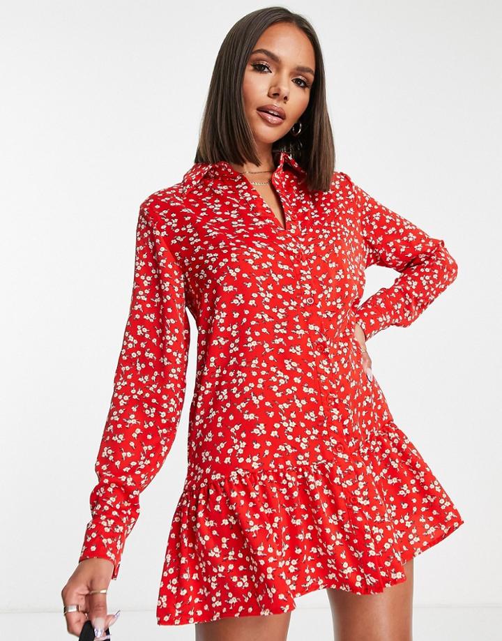 Ax Paris Smock Mini Dress In Red Floral Print