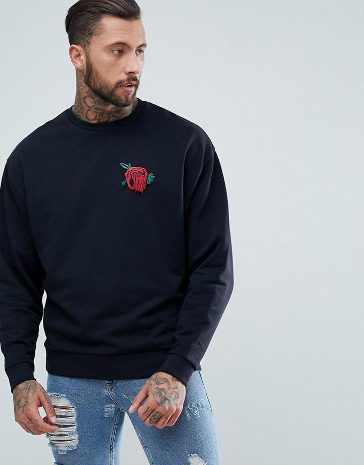 Asos Oversized Sweatshirt With Embroidered Rose - Black
