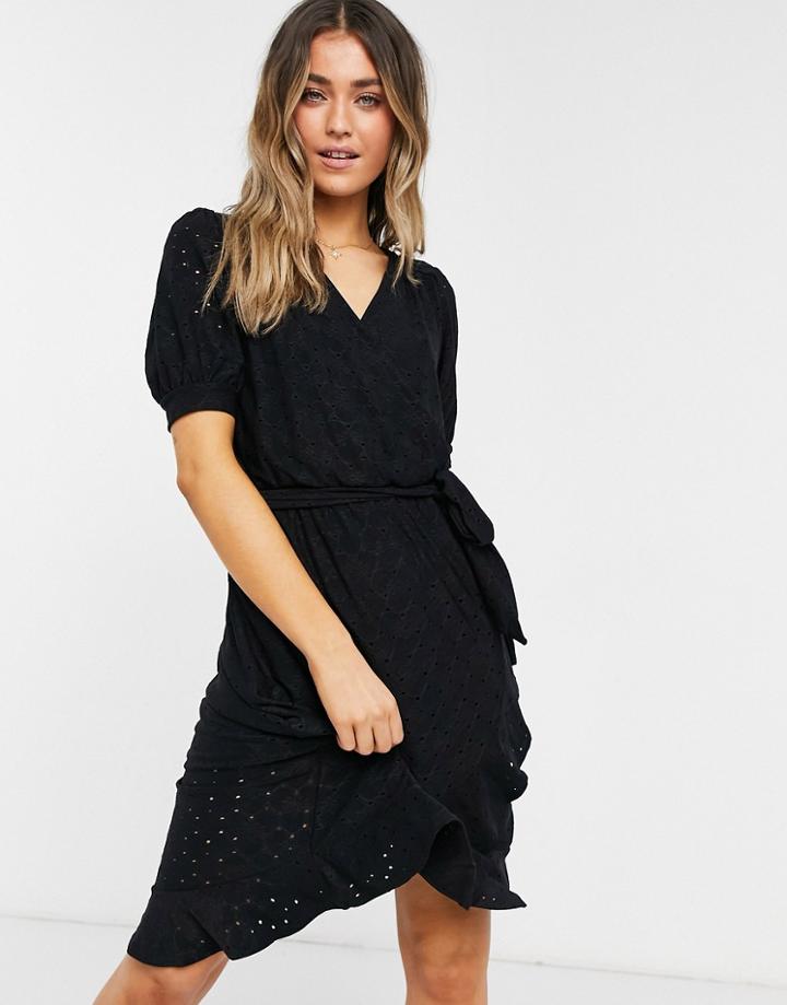 Oasis Broderie Ruffle Wrap Midi Dress In Black