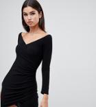Boohoo Basic Off Shoulder Knitted Wrap Mini Dress In Black - Black