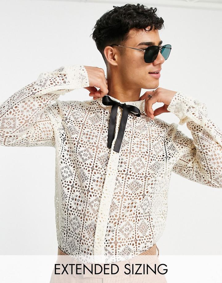 Asos Design Regular Lace Shirt With Tie Neck In Ecru-neutral