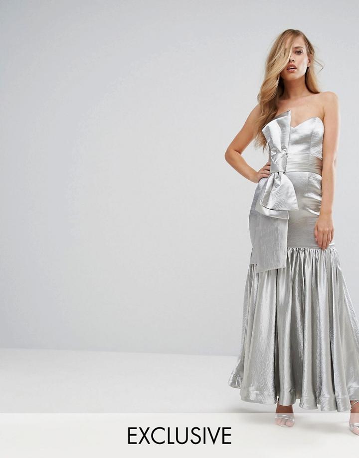 Fame And Partners Fitted Maxi Dress With Tie Front Detail - Silver