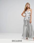 Fame And Partners Fitted Maxi Dress With Tie Front Detail - Silver