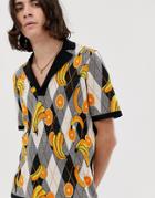 Asos Design Knitted Revere Collar Polo In Fruit Design - Black