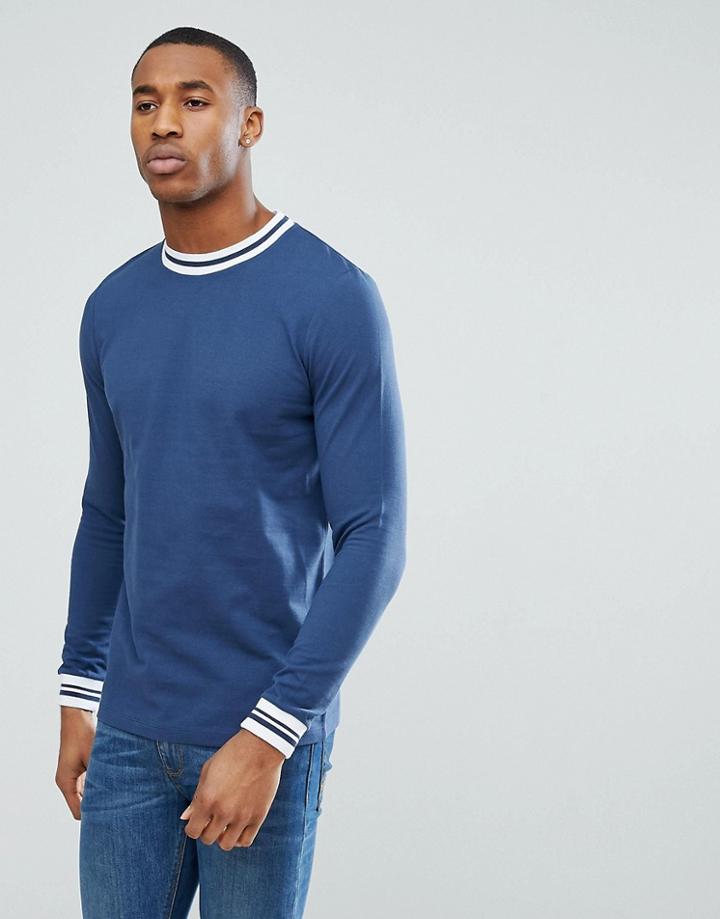 Asos Long Sleeved T-shirt With Contrast Tipping In Pique - Navy