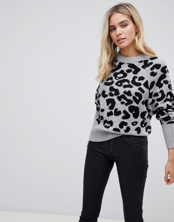 Qed London Leopard Raglan Sweater - Gray