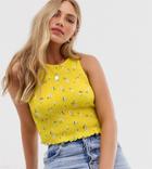 Stradivarius Floral Shirred Tank In Yellow