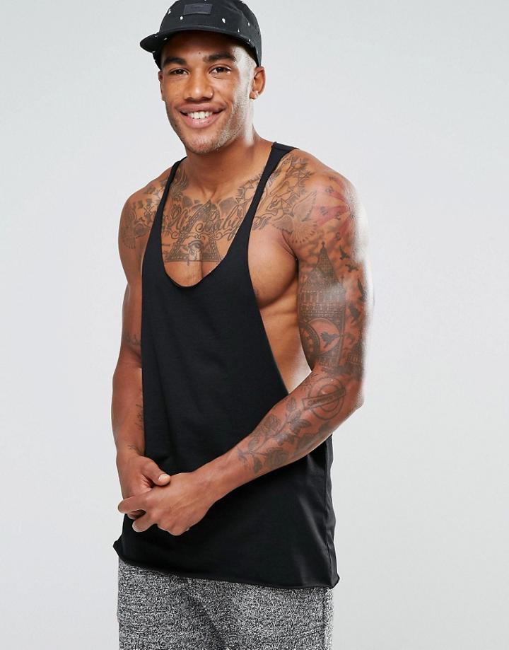 Asos Tank In Raw Edge Extreme Dropped Armhole And Racer Back In Black - Black