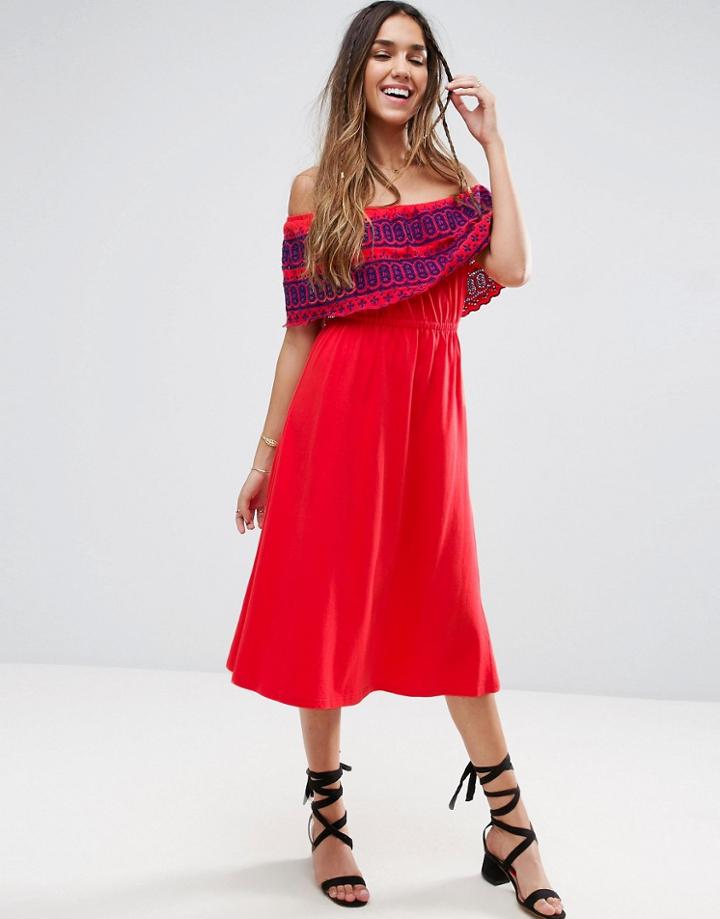 Asos Off Shoulder Midi Sundress With Broderie Frill - Red