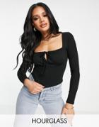 Asos Design Hourglass Ribbed Square Neck Top With Tie Detail In Black