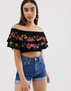 Asos Design Bardot Ruffle Top With Floral Embroidered Mesh-black