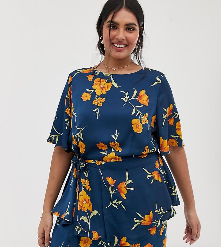 Lovedrobe Tie Waist Longline Satin Blouse Two-piece In Orange Bloom-green