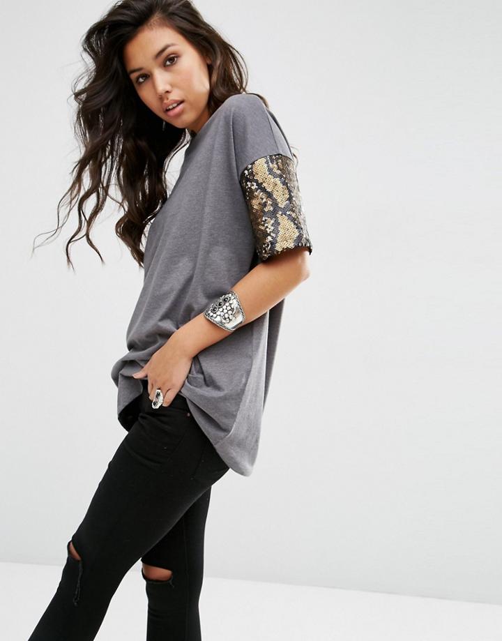 Asos T-shirt With Camo Print Sequin Sleeve-multi