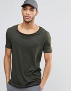 Asos Longline T-shirt With Stretch Neck And Drop Hem In Green - Field Green