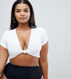 Asos Design Curve Deep Plunge Tie Front Tshirt Bikini Top In White - White